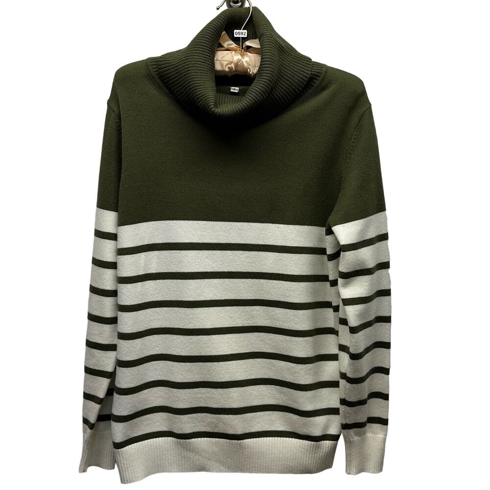 Women’s Sz Small Dark Green & White Long Sleeve Ribbed Sweater, Brand Unknown